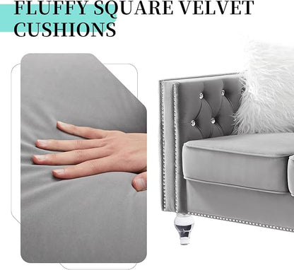 83" Chesterfield Sofa, Velvet Mid-Century Modern Upholstered Couch with 2 Throw Pillows and Acrylic Legs, Nailhead Button Tufted Vintage Sofa for Living Room, Apartment, Office, Grey