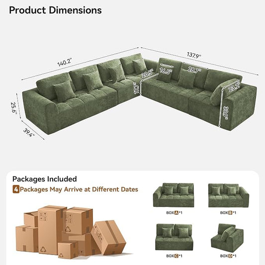 140''Modular Sectional Couches for Living Room, Cloud Boneless Compressed Sectional Sofa, Oversized L Shaped 7 Seater Upholstered Memory Foam Sofa, No Assembly, Chenille Green