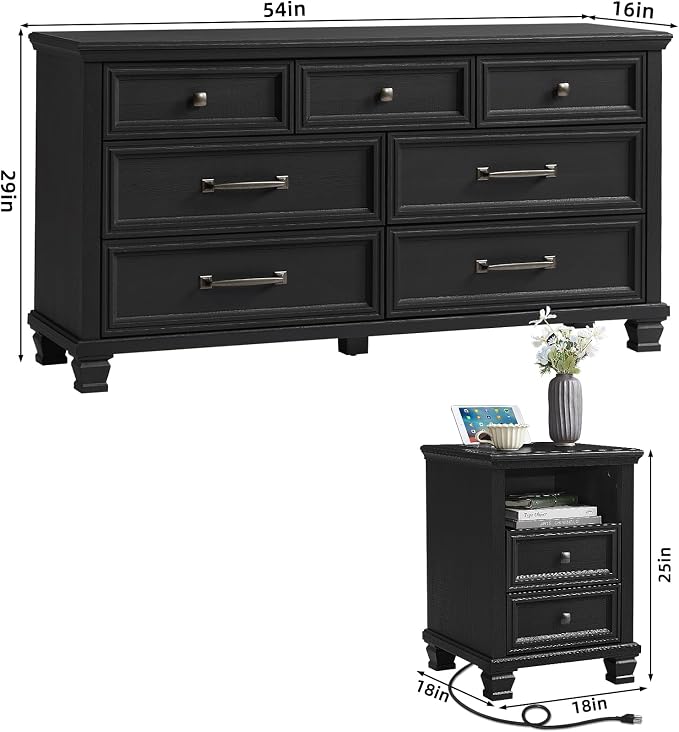 SAVOR LIFE Farmhouse Dresser and Nightstand Sets 2 Piece, 7 Drawer Dresser & 2 Drawer Nightstand Set, Rustic Wood Bedroom Furniture Set for Home, Bedroom, Hallway, Black