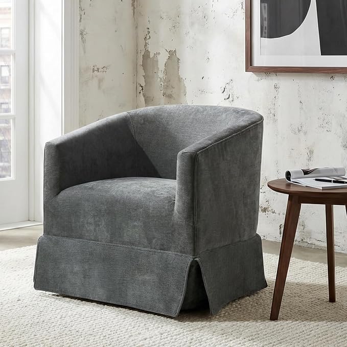 Swivel Accent Chairs Set of 2 for Living Room, 360° Upholstered Barrel Swivel Chairs with Skirted Base, Modern Linen Armchairs for Bedroom, Reading Nook, Small Space, Grey
