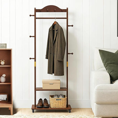 Solid Wood Clothing Rack with Wheels 2 Shelves Storage & 9 Hooks Heavy Duty Coat Rack Freestanding Clothes Rack Coat Tree Stand Hat Hanger Rack for Living Room Corner,835 Walnut