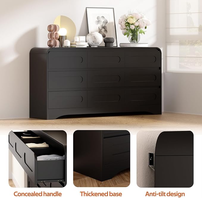 9 Drawer Dresser and Nightstand Sets for Bedroom, 3 Piece Bedroom Set | Wood 9 Drawer Dresser & Night Stand Set of 2, Large Chest of Drawers Modern Storage Cabinet Bedroom Furniture Set, Black