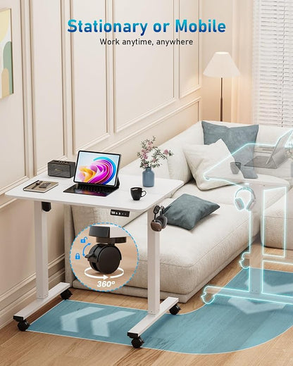 32" Small Electric Rolling Standing Desk Adjustable Height, Mobile Sit Stand up Desk with Lockable Casters for Home Office & Computer Workstation, Splice Board, 2 Hooks, White Frame/White Top