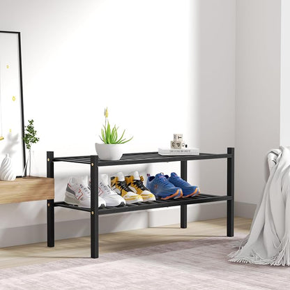 ROMGUAR CRAFT 2 Tier Bamboo Shoe Rack for Closet Free Standing Wood Shoe Shelf for Entryway Small Space Stackable 27"x11"x13" (Black)