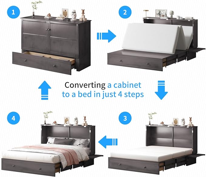 PUREMIND Queen Murphy Bed with Mattress Included, Murphy Cabinet Bed with Storage Drawer, Built-in Charging Station, Solid Wood Frame, Space-Saving Cabinet Beds for Small Spaces/Guest Room (Gray)