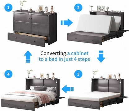 PUREMIND Queen Murphy Bed with Mattress Included, Murphy Cabinet Bed with Storage Drawer, Built-in Charging Station, Solid Wood Frame, Space-Saving Cabinet Beds for Small Spaces/Guest Room (Gray)