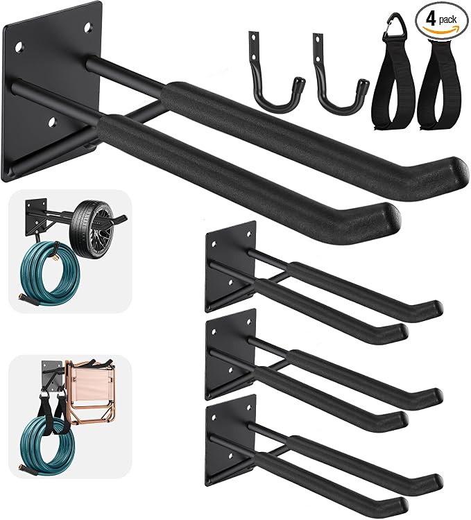 14" Garage Hooks Heavy Duty 8-Pack - Garage Storage System Hooks, Ladder Hooks for Garage Wall & Broom Holder Wall Mount | Non-Slip Tire Rack & Heavy Duty Wall Hooks for Hanging Ladders, Chairs.