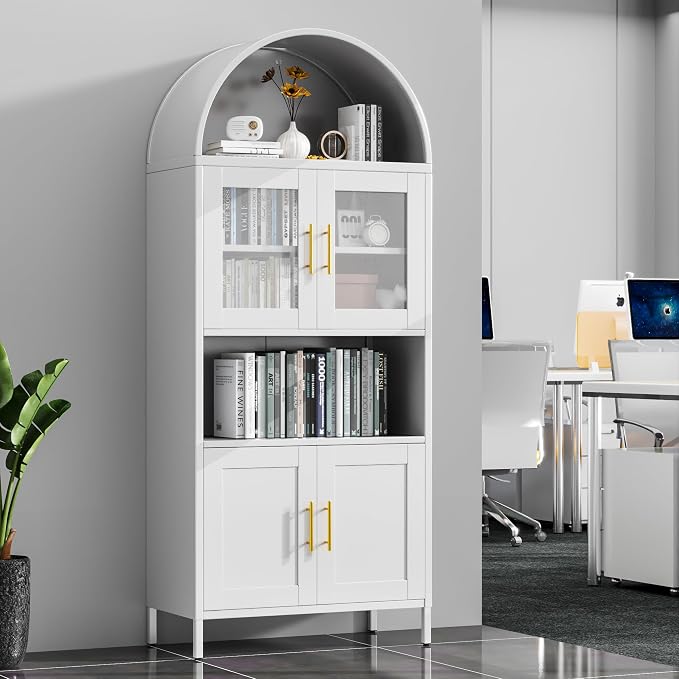 72.8" H Metal Pantry Cabinet with 4 Doors and 2 Adjustable Shelves, White Arched Kitchen Pantry Cabinet with Open Shelf for Kitchen, Dining Room, Assembly Required
