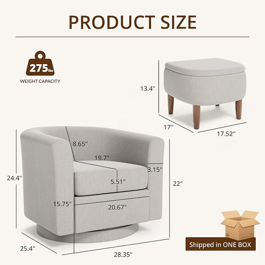 Swivel Accent Chair with Storage Ottoman, Modern Velvet Barrel Chair, Upholstered Armchair with Footrest for Living Room/Reading/Bedroom, 25.4'' D x 28.35'' W x 24.4'' H, White