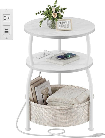 Round Side Table with Charging Station, USB Type C Port, White | Small Table with Storage Basket,Tall Side Table for Sofa,Small Spaces, Nightstand for Living Room Bedroom, 15.75in