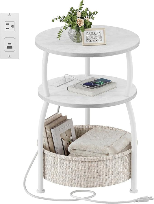 Round Side Table with Charging Station, USB Type C Port, White | Small Table with Storage Basket,Tall Side Table for Sofa,Small Spaces, Nightstand for Living Room Bedroom, 15.75in