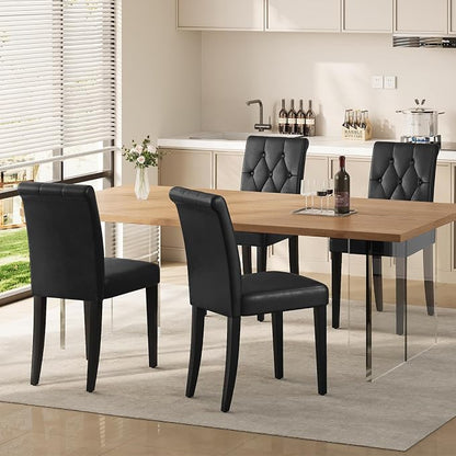 Welzona Upholstered Dining Chairs Set of 6, Button Tufted Parsons Dining Chair with Solid Wood Legs, Modern PU Leather Side Chair for Dining Room/Kitchen/Restaurant/Hotel- Black