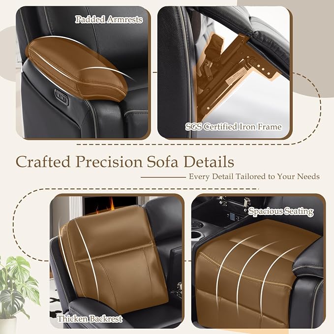 Power Reclining Loveseat with LED Reading Light/Storage Drawer, Power Loveseat Recliner Sofa, Reclining Loveseat with Bluetooth Speakers/Outlets/Breathing Leather (Brown, 2 Seat with Console)