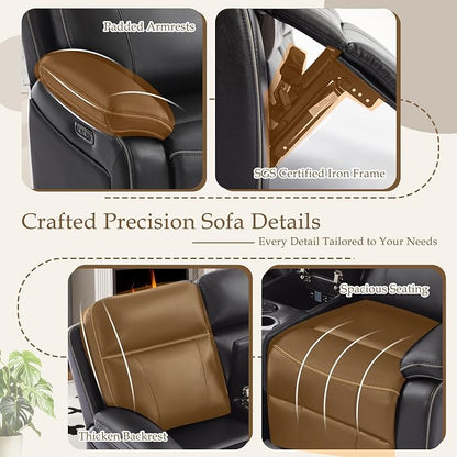 Power Reclining Loveseat with LED Reading Light/Storage Drawer, Power Loveseat Recliner Sofa, Reclining Loveseat with Bluetooth Speakers/Outlets/Breathing Leather (Brown, 2 Seat with Console)