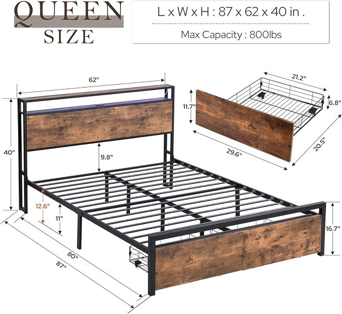 Zevemomo Queen Bed Frame with Storage Drawers, Bed Frame Queen Size with Headboard, LED Light, Charging Station with 3 USB Ports & 1 Type-C Port, No Noise, Rustic Brown