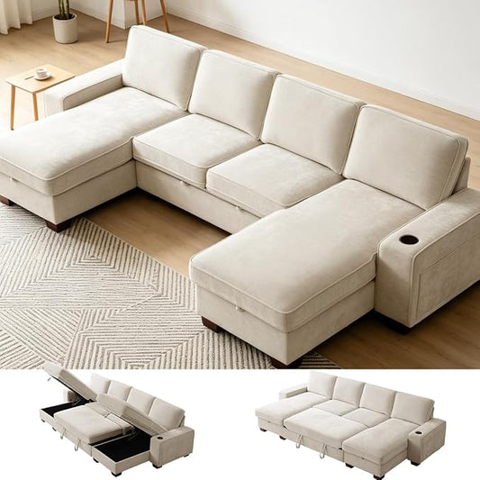 129" Convertible Sleeper Sofa Bed,L Shaped with Storage Chaise Pull Out Couch for Living Room,USB and Type-C,Removable Washable Chenille Covers (Beige)