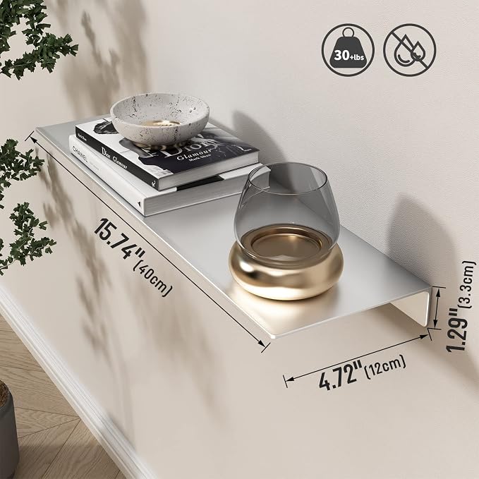 Danpoo 16 inch Floating Shelf for Wall Organizer & Storage, Display Shelf, Metal Wall Shelf for Bathroom, Living Room, Kitchen, Bedroom(Silver)
