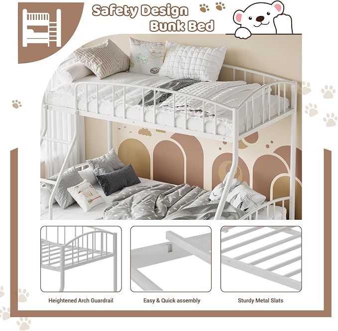 GarveeHome Metal Bunk Bed Twin Over Full, Heavy Duty Bunkbeds Frame with Arched Guardrail and Safety Ladder, Sturdy Steel Bed for Kids Boys Girls, Space-Saving, No Box Spring Needed, White