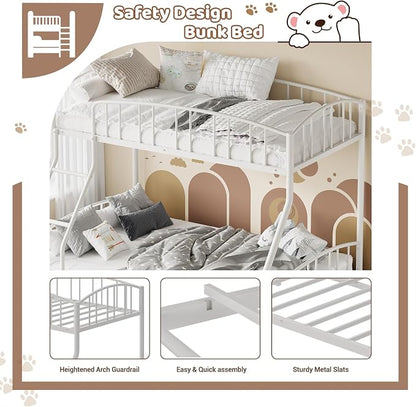 GarveeHome Metal Bunk Bed Twin Over Full, Heavy Duty Bunkbeds Frame with Arched Guardrail and Safety Ladder, Sturdy Steel Bed for Kids Boys Girls, Space-Saving, No Box Spring Needed, White