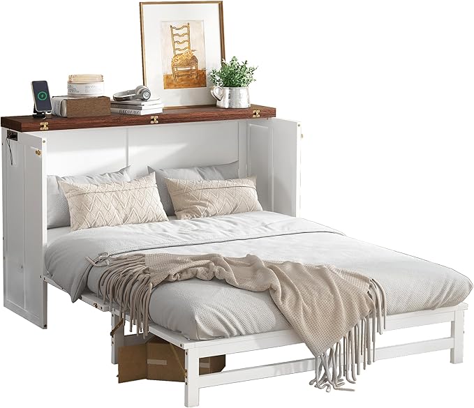 PVWIIK Full Murphy Bed with Storage Drawer,Solid Pine Murphy Foldable Bedframe for Home Office, Studio or Guest Room,Multi-Functional Cabinet Bed Frame,White-Walnut