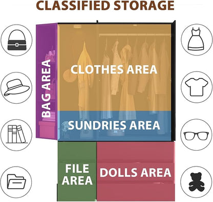 Black Wardrobe Closet with Mirror and LED Light, Armoire Wardrobe with 6 Drawers, Hanging Rod, Open Shelves, Freestanding Bedroom Storage Cabinet