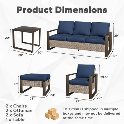 Joyside Outdoor Patio Chairs, 7 Pieces Wicker Rattan Furniture Set, 2 Patio Chairs, 2 Sofa, 2 Ottoman and 1 Table, Metal Wide Armrest, Thick Cushions and Deep Seating for Garden, Backyard, Porch