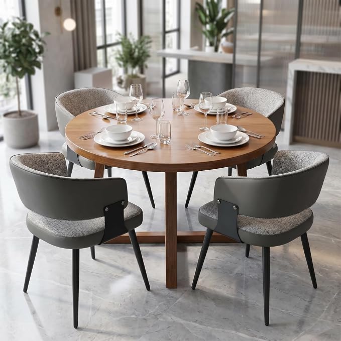 Dining Chairs Set of 4, Modern Upholstered Kitchen & Dining Room Chairs with Breathable Woven Fabric and Faux Leather Accents, Curved Open Back & Metal Legs (Gray Woven, Set of 4)