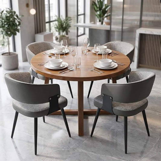 Dining Chairs Set of 4, Modern Upholstered Kitchen & Dining Room Chairs with Breathable Woven Fabric and Faux Leather Accents, Curved Open Back & Metal Legs (Gray Woven, Set of 4)
