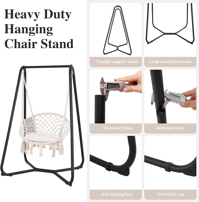 SUNCREAT Patio Swing Chair with Stand and Cushion, Heavy Duty Hanging Chair with Stand for Bedroom, 330 lbs Capacity, Patent Pending, Beige