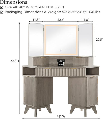 T4TREAM Fluted Makeup Vanity Desk with 3 Way Mirror and Lights, 48" Large Corner Vanity Table with Glass Top, Charging Station, 3 Drawers, Storage Cabinets & Shelves, for Bedroom, White Alder