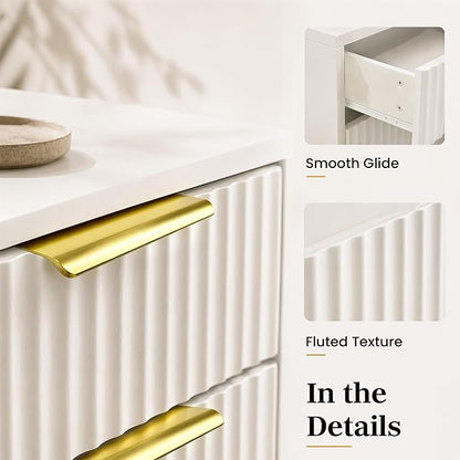 White and Gold Bedroom Furniture Set, 3 Piece Fluted Dresser and Nightstand Set with Gold Handles, 47" Dresser and Two 24" Bedside Tables