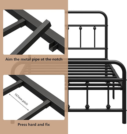 Vengarus Twin Metal Bed Frame with Victorian Headboard & Footboard, Black | 14" Twin Metal Platform Frame, Heavy Duty Steel Slat Support, Noise Free, No Box Spring Needed, Easy Disassembly & Transport