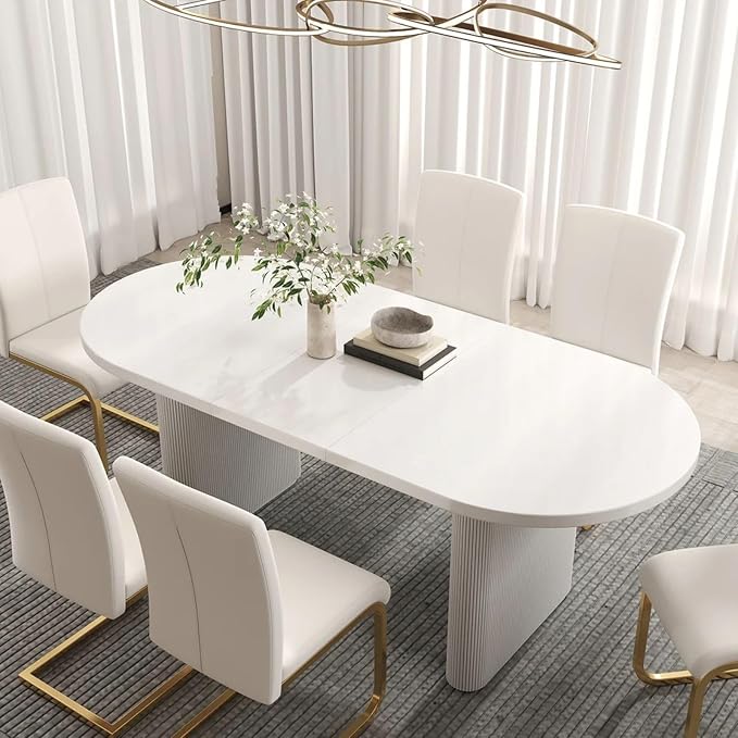 homary Oval Dining Table for 4-6, 63"-79" Extendable Kitchen Table, Japandi Wooden Dining Room Table with Pedestal Base (White, 63"-79" (Seats 4-6))