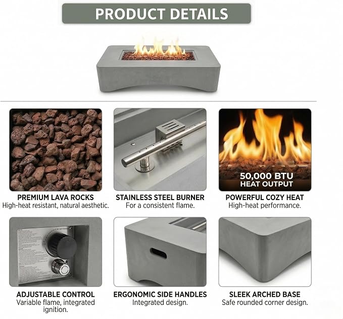 56" Propane Fire Pit Table, 50,000 BTU Rectangular Outdoor Gas Fire Pit, Concrete Patio Fire Table with Tank Seat, Lava Rocks & Waterproof Cover for Backyard Deck, Light Grey