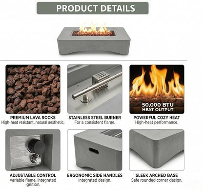 56" Propane Fire Pit Table, 50,000 BTU Rectangular Outdoor Gas Fire Pit, Concrete Patio Fire Table with Tank Seat, Lava Rocks & Waterproof Cover for Backyard Deck, Light Grey