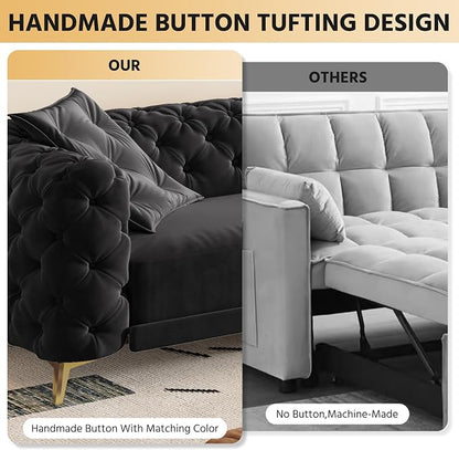 97.7" Convertible Queen Sleeper Sofa with Ottoman - Button Tufted Pull Out Sofa Bed, Velvet King Size Couch Bed & Vintage Deep Seat 4-Seater Couch for Small Spaces, Apartment & Living Room, Black | Button Tufted