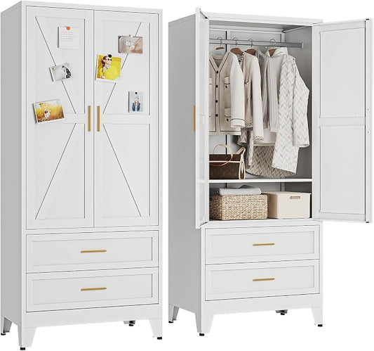 Metal Wardrobe Closet Cabinet with Drawers,71" H Large Bedroom Armoires with Shelves and Hanging Rod,Wardrobe Storage Cabinet with 2 Doors, 1 Adjustable Shelf and Drawers (2Drawer, White)