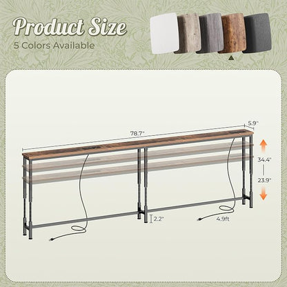 Huuger 78.7 Inch Sofa Table with Power Outlets, 23.9’’-34.4’’ Height Adjustable Range, Behind Couch Table with USB-C Ports, Sofa Tables Narrow Long, Skinny Console Table, Small Spaces, Rustic Brown