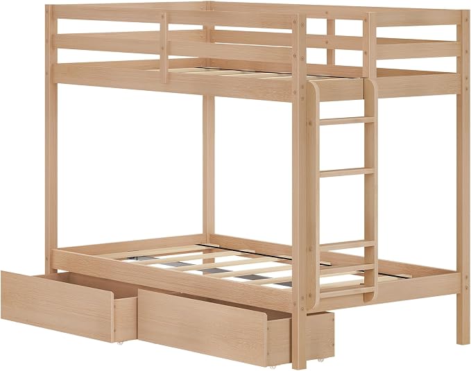 Grain & Grove Bear Twin Over Twin Bunk Bed with Storage Drawers, Sturdy Bunk Bed Frame for Kids, Plywood Bunk with Ladder, Guardrail, and Slats, No Box Spring Required, Oak Embossed Natural