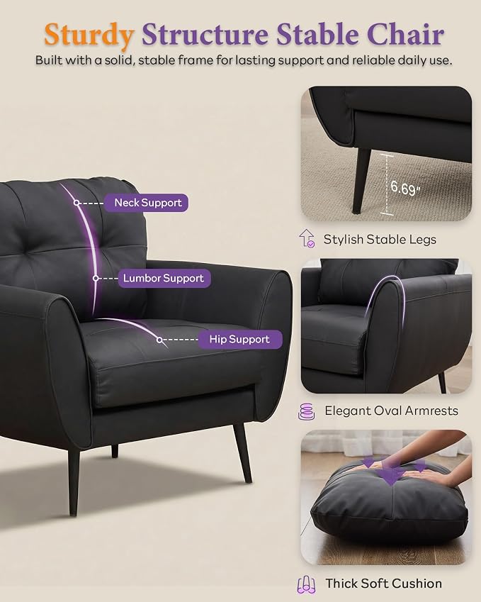 TYBOATLE Accent Chairs Set of 2, Comfy Modern Living Room Chair Black Leather Reading Accent Chairs Tufted Mid Century Arm Chair Small Salon Chair for Office Bedroom (2, Black)