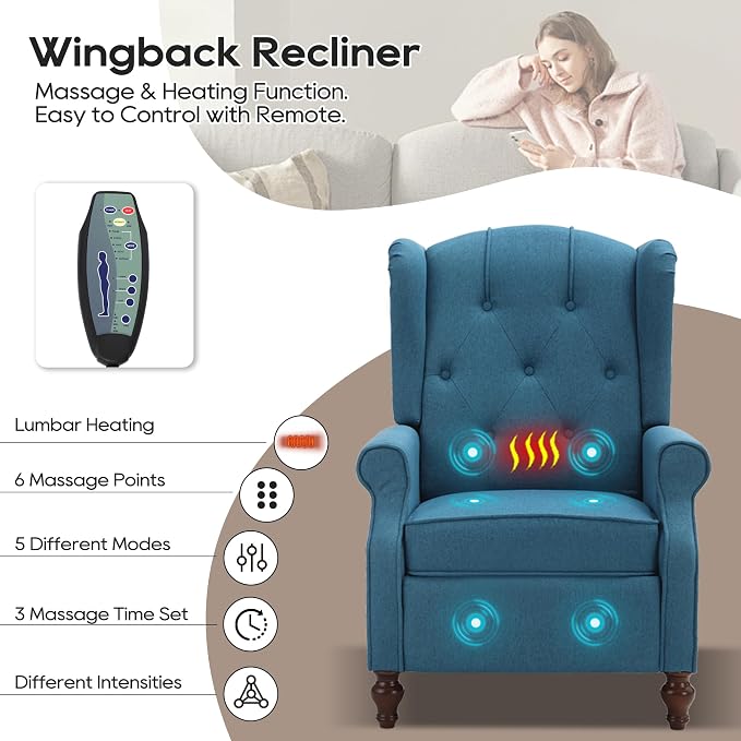 Wingback Recliner with Massage and Heat, Tufted Fabric Push Back Recliner Chair for Living Room, Vintage Wingback Chair with Remote Control, Small Recliners for Small Spaces