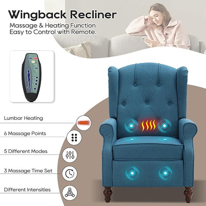 Wingback Recliner with Massage and Heat, Tufted Fabric Push Back Recliner Chair for Living Room, Vintage Wingback Chair with Remote Control, Small Recliners for Small Spaces