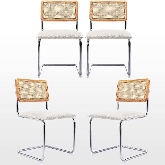 Zesthouse Natural Rattan Dining Chairs Set of 4, Modern Kitchen Chairs with Solid Wood Back for Dining Room Living Room, Mid Century Breuer Design Inspired, Upholstered Boule Fabric, White