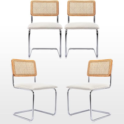 Zesthouse Natural Rattan Dining Chairs Set of 4, Modern Kitchen Chairs with Solid Wood Back for Dining Room Living Room, Mid Century Breuer Design Inspired, Upholstered Boule Fabric, White