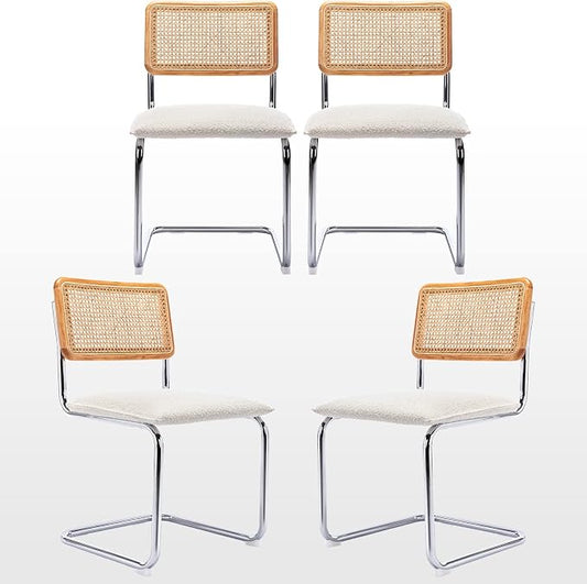 Zesthouse Natural Rattan Dining Chairs Set of 4, Modern Kitchen Chairs with Solid Wood Back for Dining Room Living Room, Mid Century Breuer Design Inspired, Upholstered Boule Fabric, White