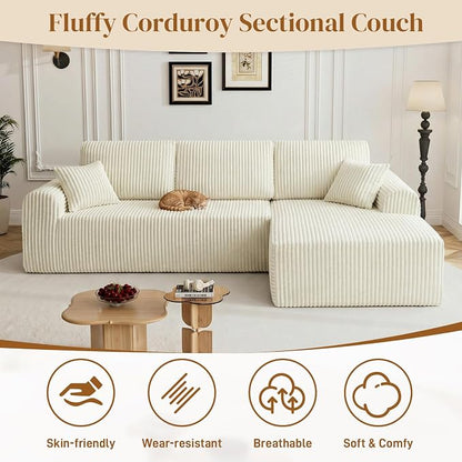 110" L Shaped Boneless Sectional Couches for Living Room, Comfy Corduroy Floor Cloud Sofa with Chaise, Wide Armrest, Deep Seat, Memory Foam, Assembly Free, Ideal for Small Spaces, Beige