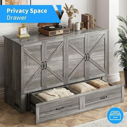 PUREMIND Queen Size Murphy Bed with Mattress, Wood Frame Cabinet Beds with Charging Station & Storage Drawers, Space Saving Hideaway Cabinet Bed for Guest Room, Home Office, Apartment, Grey