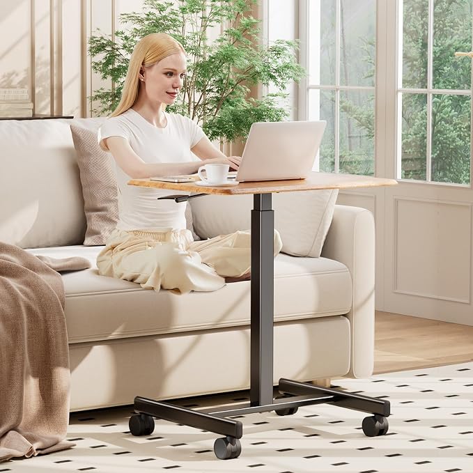 DUMOS Small Standing Desk Mobile Portable Rolling Laptop PC Table on Wheels Adjustable Height Computer Workstation for Home Office Small Space, 19 Inch, Brown