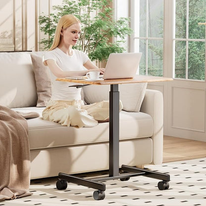 DUMOS Small Standing Desk Mobile Portable Rolling Laptop PC Table on Wheels Adjustable Height Computer Workstation for Home Office Small Space, 19 Inch, Brown