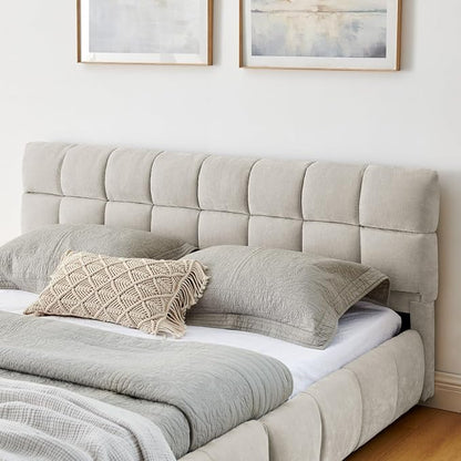 KEIKI Queen Thick Chenille Bed Frame with 4 Storage Drawer & Upholstered Tufted Headboard, Modern Solid Wood Floor Platform for Bedroom, No Box Spring Needed